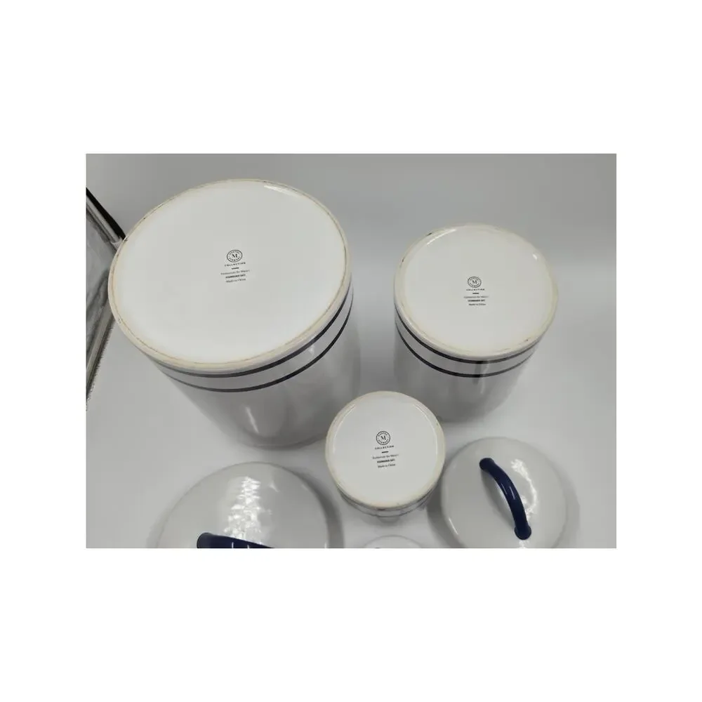 Martha Stewart Farmhouse White w/ Blue Stripe Ceramic Canister Set